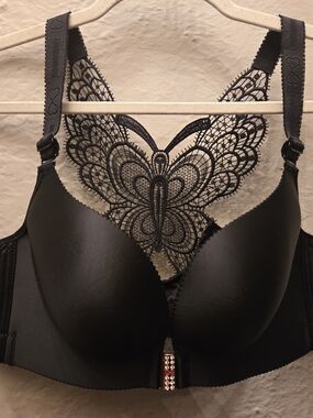Butterfly Lace Back Push Up Bra Black Rhinestone Front Clasp 38/85 Y2K Glam
